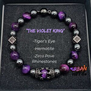 Men's Purple Tiger Eye Crown Bracelet Hematite Magnetic Clasp Gift For Him